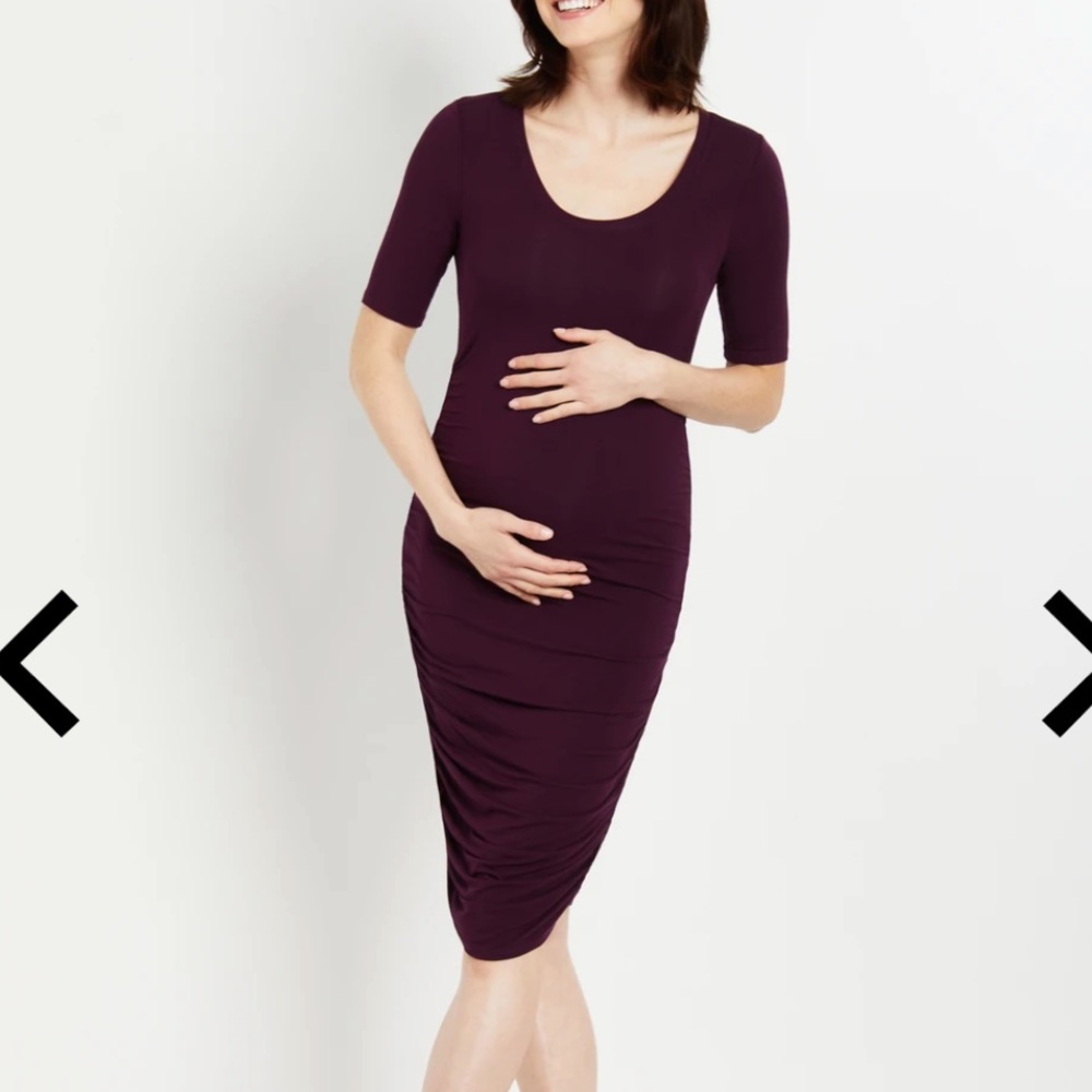 Maternity Dress Fitted Elbow Sleeve Purple Size XS Side ruche Bodycon